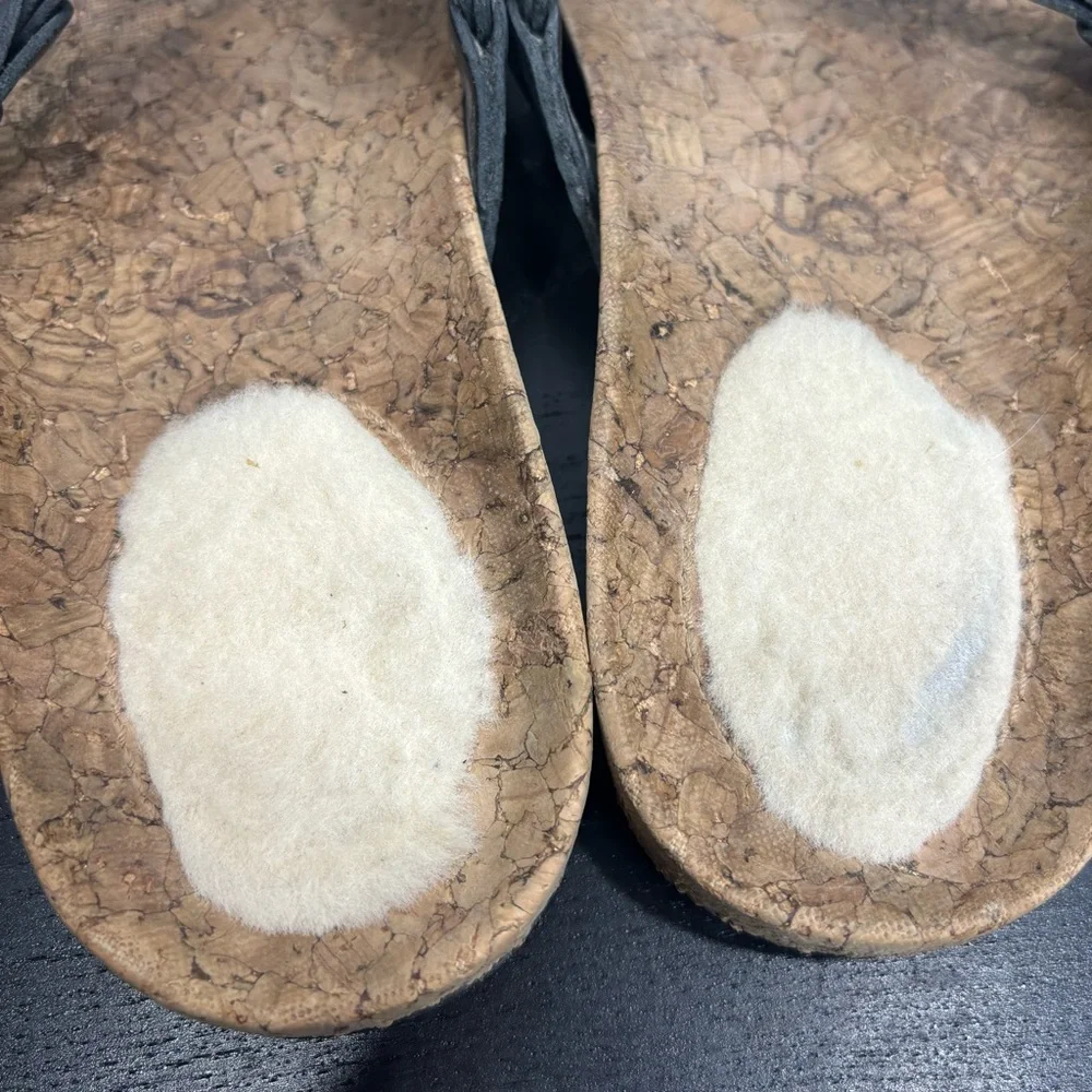UGG Australia 7 Black Leather‎ Braided Thong Cork Flip Flops Shearling Sandals